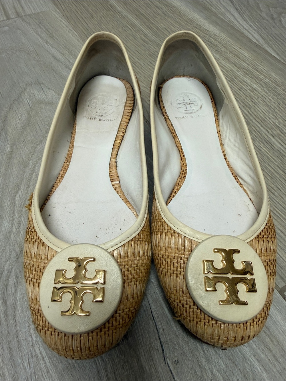 Tory Burch Cream Trim Natural Woven Logo Flats